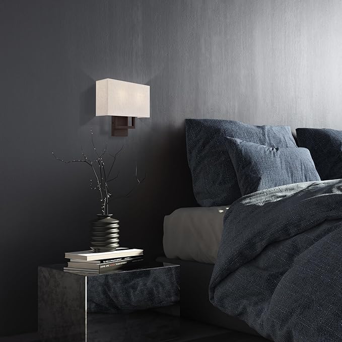 Livex Lighting 50994-07 Pierson Collection 2 Light Ada Wall Sconce, Oatmeal Fabric Outside, White Fabric Inside Hardback Shade, Bronze Finish