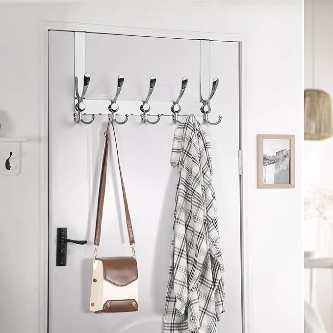 Dseap Over The Door Hook Hanger - Fits 1 3/8" to 1 3/4" Standard Doors | 5 Tri Hooks Heavy Duty Towel/Coat Rack | Door Organizer for Clothes, Jackets, Hats, Towels, Chromed, Pack of 2