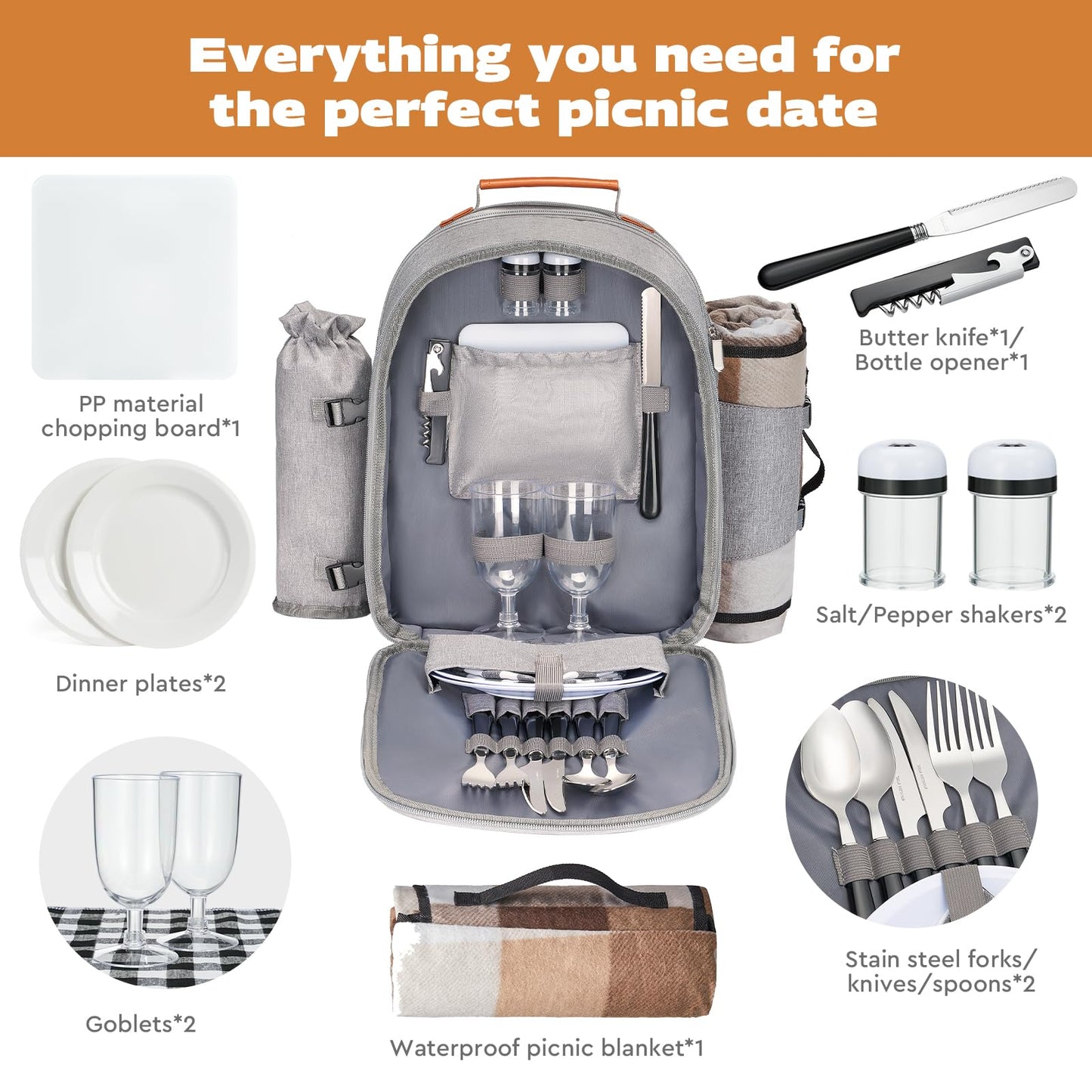 Couple Gifts 22L Picnic Basket Set, Grey Insulated Picnic Backpack for 2, Leak Proof Cooler Camping Gifts, Cool Bridal Shower Gifts Anniversary Engagement Wedding Gifts for Couples, Mr and Mrs Gifts