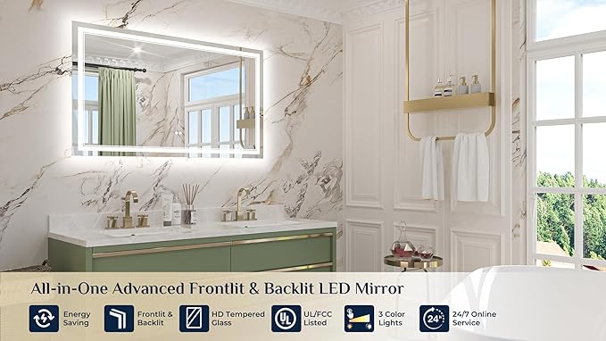 Keonjinn 48" x 30" Lighted Bathroom Mirror, Frontlit & Backlit Frameless LED Mirror, HD Tempered Glass, Quick Defogging, 3 Color Lights, Dimmable, UL-Listed LED Driver, Wall-Mounted Vanity Mirror