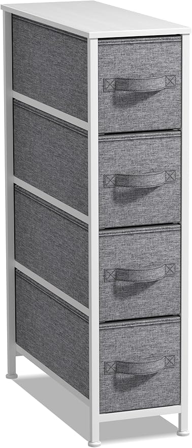 Sorbus Narrow Dresser with 4 Drawers - Vertical Slim Storage Chest of Drawers with Steel Frame, Wood Top & Easy Pull Fabric Bins for Small Spaces, Closets, Bedroom, Bathroom & Laundry (White/Gray)
