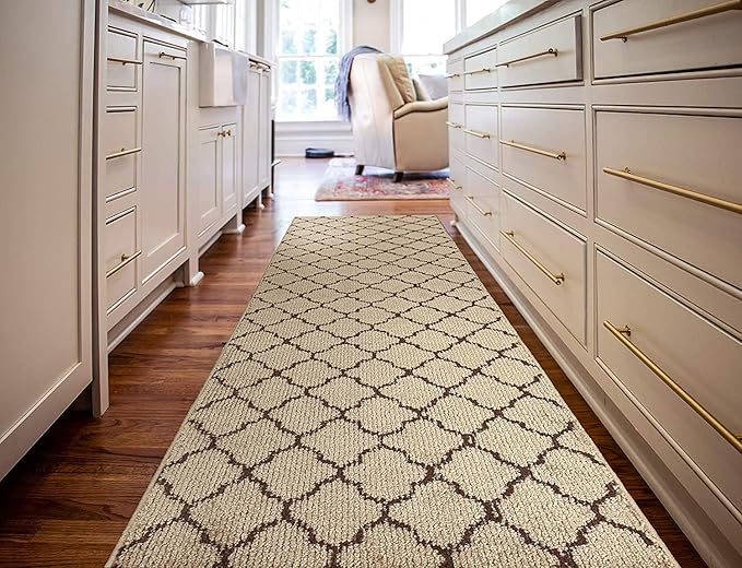 Custom Size Modern Runner Rug Carpet for Hallway Entryway Foyer Kitchen, Slip Resistant Latex Rubber Backed 31 inch Wide X Customized Length, Trellis Beige, 31 inch X 16 feet