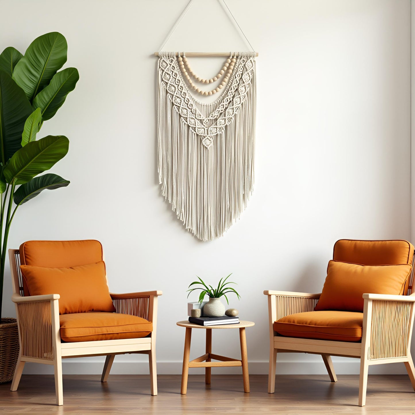 guzhiou Macrame Wall Hanging Boho Geometric Woven Tapestry Cotton Handmade Bohemian Art Decor with Wood Bead Wall Decor for Bedroom Living Room Apartment Nursery 31.5" L x 17"" W (Wood bead-B)"