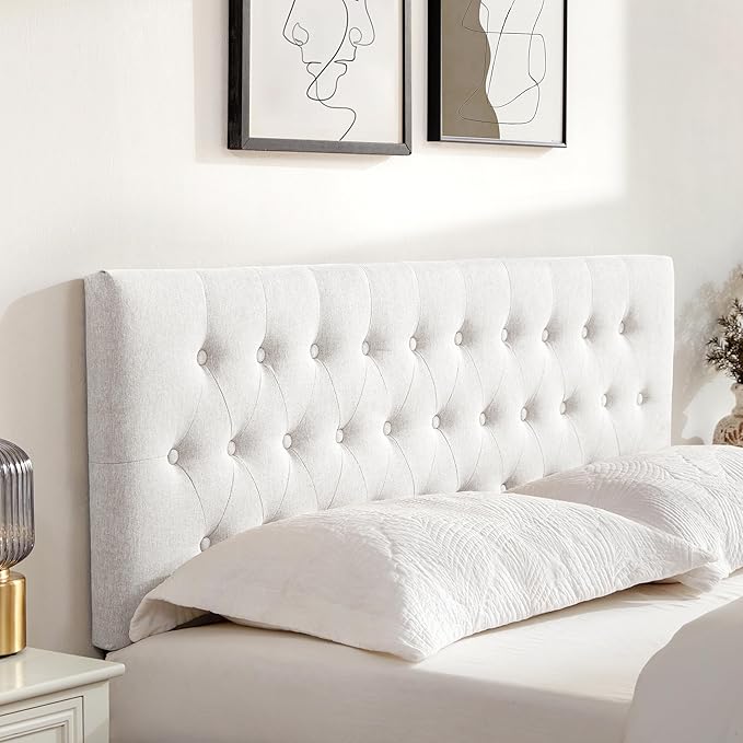 Tufted Upholstered Headboard Full Size, Solid Wood Head Board with Durable Metal Legs, Adjustable Height Full XL headboard from 37” to 51” Fabric Headboard in Modern Button Design, White