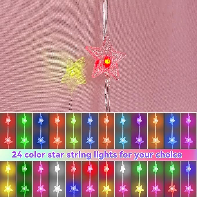 Obrecis Pink Bed Canopy for Girls, Bedroom Decor Princess Canopy Bed Curtain with Lights, 100 LED Star Fairy String Lights Hanging Dome Bed Tent with Remote for Twin to King Size Bed