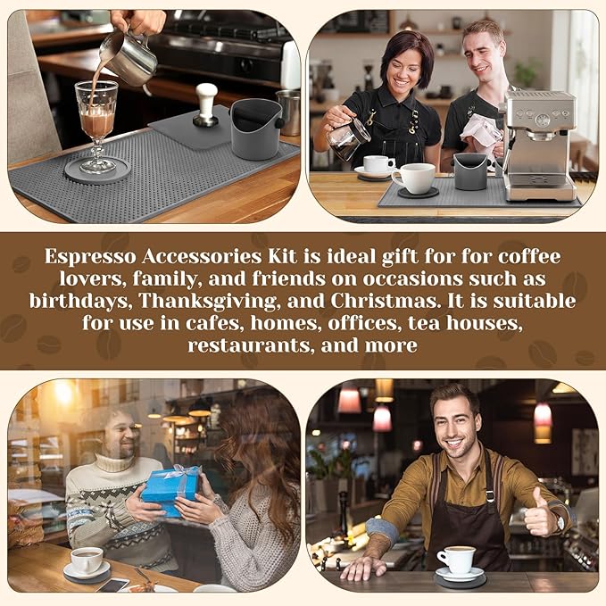 9 Pcs Espresso Knock Box Kit 18.9" x 11.8" Grey Silicone Coffee Mat Espresso Tamping Mat with Coffee Station Organizer Removable Rod 6 Coasters Under Machine Accessories Set for Home Barista