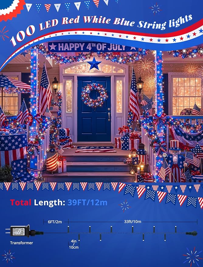 Hopolon Red White and Blue String Lights, 33 FT 100 LED Connectable 4th of July Patriotic Twinkle Lights with Remote,8 Modes Plug in Independence Day Light for Home Party Holiday Tree Xmas Decoration