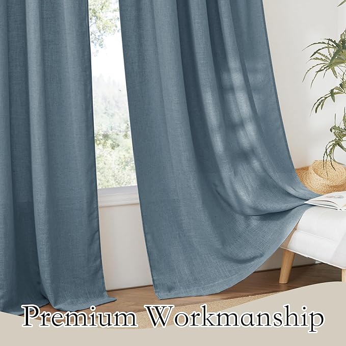 RYB HOME Sheer Curtains for Bedroom - Linen Textured Semi Sheer Window Backdrop Curtains Light Filtering Privacy Drapes for Office Dining Bathroom, Stone Blue, W 52 x L 72 inch, 2 Panels