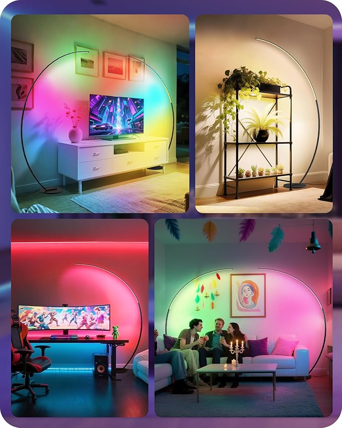 RGBW Floor Lamp, 75” Standing Tall Lamp, Dimmable Arc Floor Lamp for Living Room with Foot and Remote Control, 18 DIY Colors, 3000K-6000K White, LED Corner Lamp, Color Changing Ambient Light RB62LD05