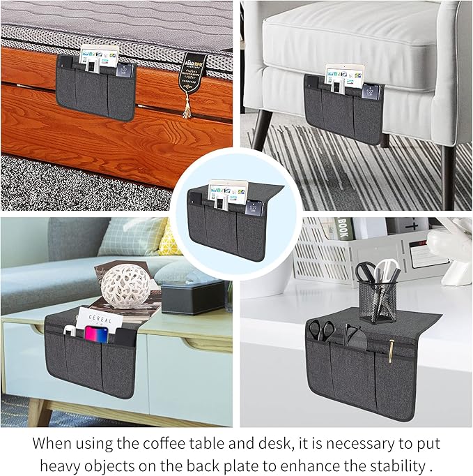 Bedside Caddy Bedside Storage Organizer Magazine Phone Tablet iPad Remote Holder, Organizer Caddy for Home College Dorm Bed, Sofa, Bunk Bed (Dark Grey)