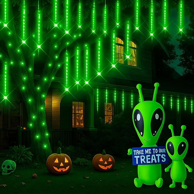 Kwaiffeo Halloween Lights Outdoor, Meteor Shower Lights for Xmas Halloween Decorations Outdoor Party St. Patrick's Day, UL Plug, Green