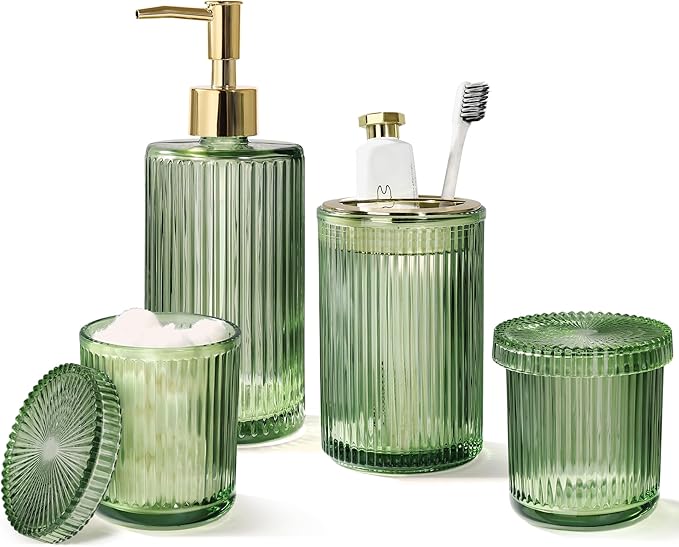 Green Glass Bathroom Accessories 4 Pcs, Green Bathroom Set, Soap Dispenser and Toothbrush Holder Set, Qtip Holder Set, Vintage Bathroom Sink Set, Cute Bathroom Decor