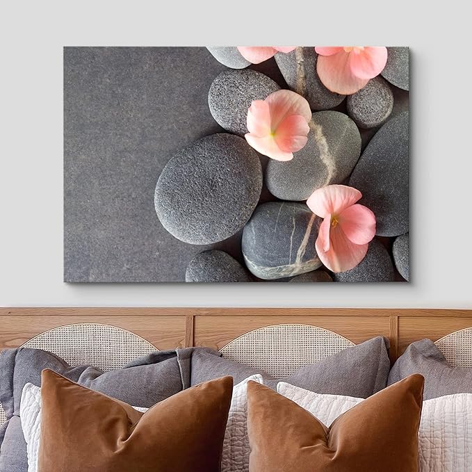 wall26 Canvas Print Wall Art Gray Stones with Pink Daisy Flowers Floral Nature Photography Realism Bohemian Scenic Relax/Calm Cool for Living Room, Bedroom, Office - 16"x24"