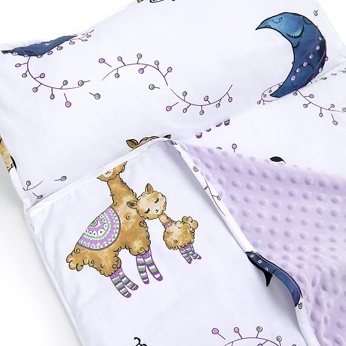 JumpOff Jo - Toddler Nap Mat - Sleeping Bag for Kids with Removable Pillow and Ultra Soft Blanket for Preschool, Daycare, and Sleepovers - Llama & Mama