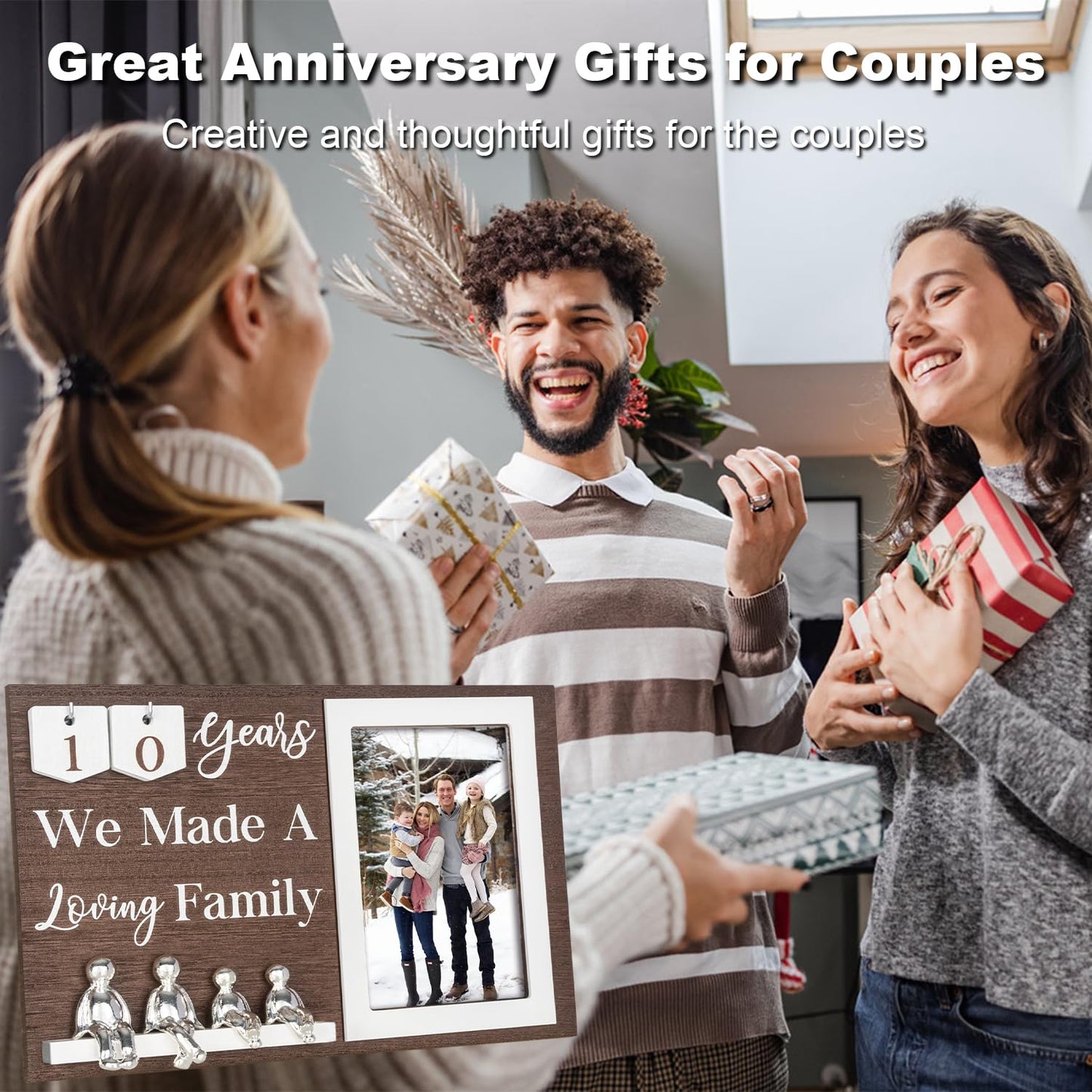 Wedding Anniversary Idea for Wife Gifts for All Anniversaries, 10 Year Tin Gift for Couples Him Her Husband, Aluminum Sculptures Family Tree Picture Frame Keepsake Decor Sculptures DIY Personalized