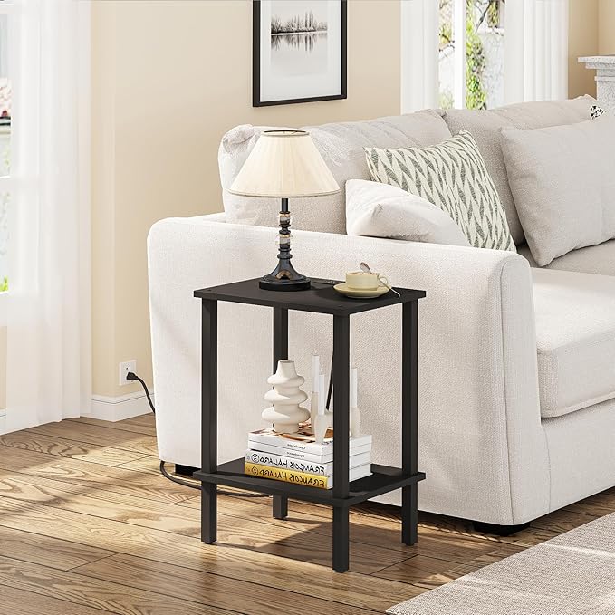 TUTOTAK End Table with Charging Station, Side Table with USB Ports and Outlets, Nightstand, 2-Tier Storage Shelf, Sofa Table for Small Space TB01BK040
