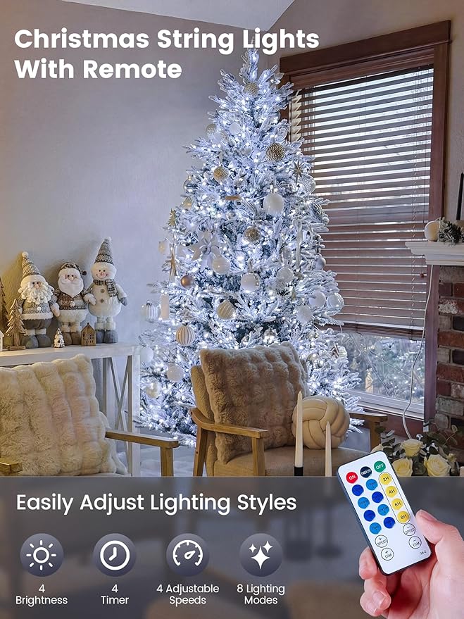 Hopolon White Christmas Lights Outdoor, 33 FT 100 LED Connectable Christmas Tree Lights Green Wire with Remote, 8 Modes Waterproof Plug in Twinkle String Light for Indoor Wedding Party Xmas Decor