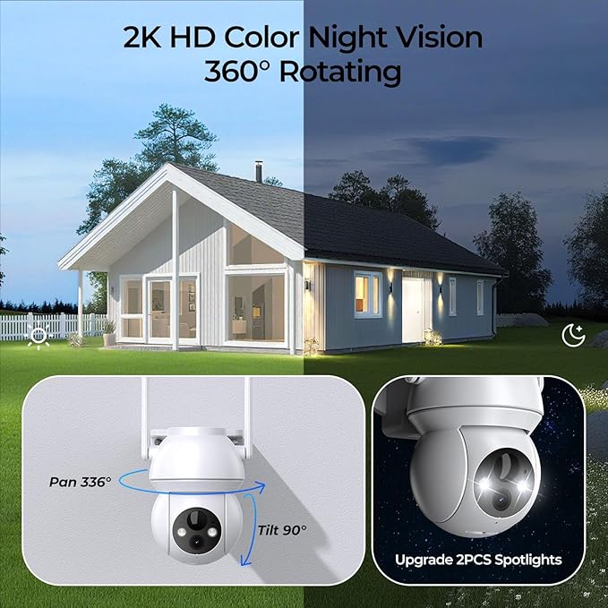 Solar Security Camera Wireless Outdoor, 2K HD Color Night Vision Home Security Camera System with 360° View Battery Powered Spotlight & Siren WiFi Camera Outdoor Motion Sensor and 2-Way Audio 4 Pack