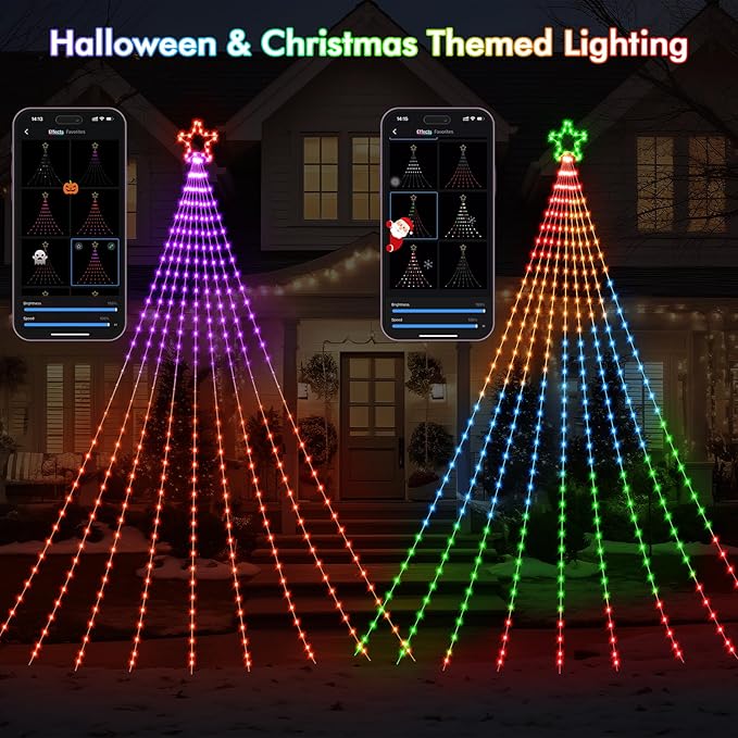 12FT Outdoor Christmas Decorations, Smart RGB Color Changing Christmas Hanging Waterfall String Lights, APP Remote Control, DIY Multi-Color Lightshow, Music Sync, Outside Xmas Lights Decor