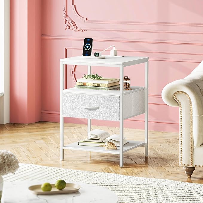 SUPERJARE Nightstand with Charging Station, White Night Stand with Adjustable Drawers, 17.7 Inches Wider Side Table for Bedroom, 3-Tier Storage End Table with Open Shelf, PU Leather Surface