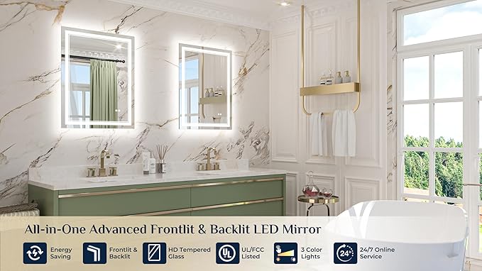 Keonjinn LED Mirror 24 x 32 Inch, Lighted Bathroom Vanity Mirror for Wall, Fronlit Only, HD Tempered Glass, UL-Listed LED Driver, Anti-Fog, Dimmale 6000K, Easy Installation(Horizontal/Vertical)