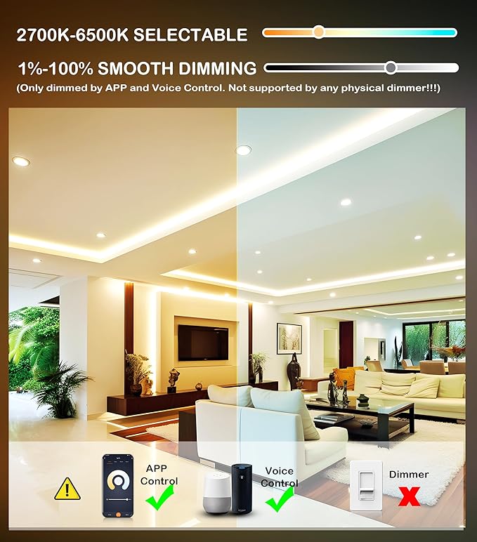 CLOUDY BAY 6inch Smart WiFi LED Recessed Lighting,RGBCW Color Changing, Compatible with Alexa and Google Home Assistant, No Hub Required,15W 2700K-6500K,CRI90+,1 Pack