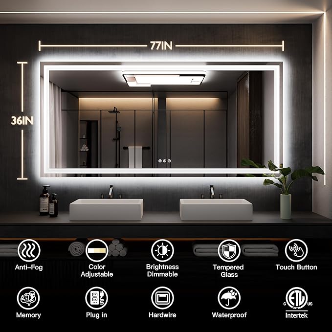 ISKM 77'' x 36'' LED Mirror for Bathroom Lighted Vanity Mirror for Wall Front Lights + Backlit LED Bathroom Mirror Anti-Fog Tempered Glass ETL Listed