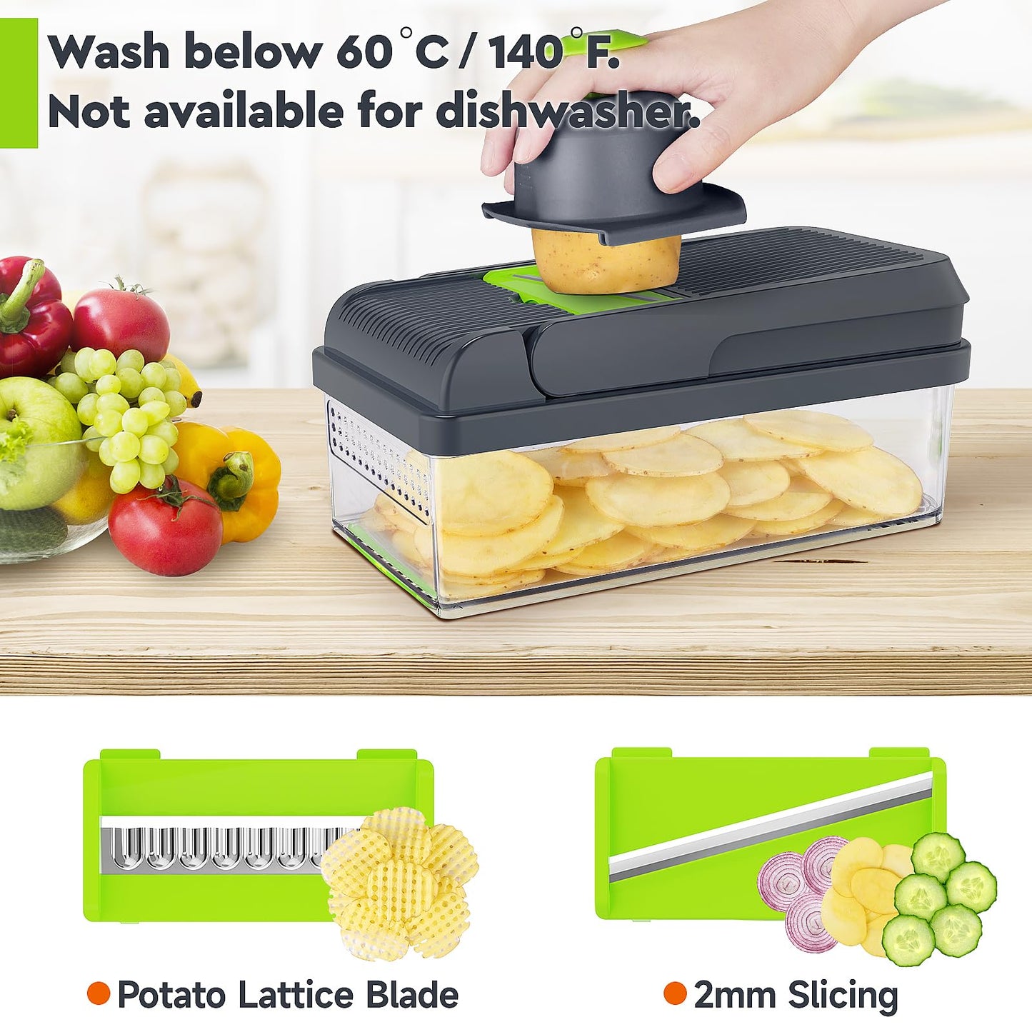 MealHelper 12-in-1 Vegetable Chopper, 7 Blade Veggie Chopper, Practical Food Chopper with Container, Cheese Grater, Home Essentials & Kitchen Gadgets(Green/Grey)
