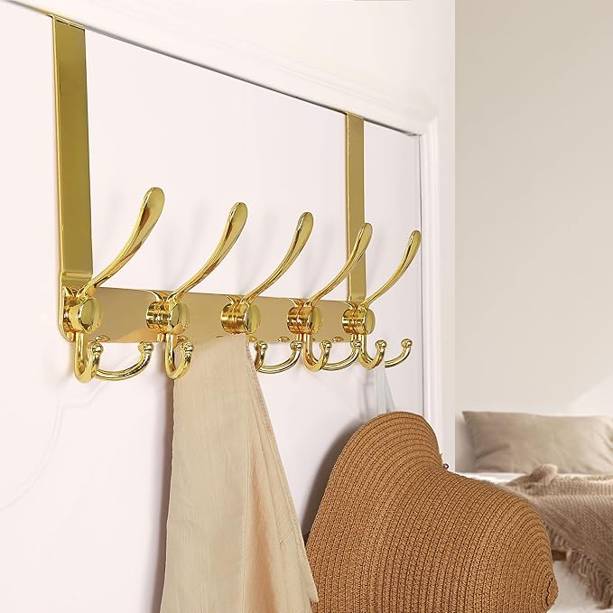 Dseap Over The Door Hook Hanger - Fits 1 3/8" to 1 3/4" Standard Doors | 5 Tri Hooks Heavy Duty Towel/Coat Rack | Door Organizer for Clothes, Jackets, Hats, Towels, Gold, Pack of 2