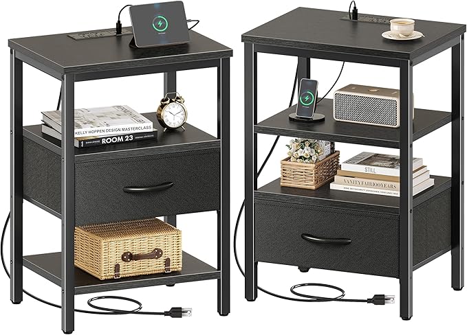 SUPERJARE Nightstand Set of 2, Bed Side Tables with Charging Station, Adjustable Fabric Drawer, Night Stand for Bedroom, 3-Tier Storage End Tables, Black