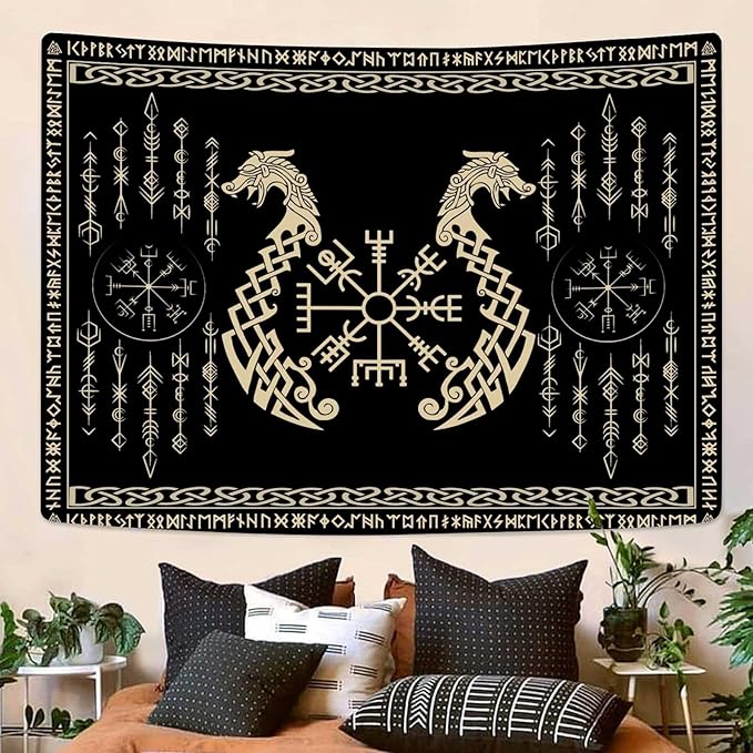 OSUNBD Nordic Vikings Tapestry, Small 7047 inches Soft Flannel, Vegvsir Symbol Twins Dragons Celtic Rune Scandinavian Aesthetic Mythology Tapestry Wall Hanging for Bedroom Living Room Decor