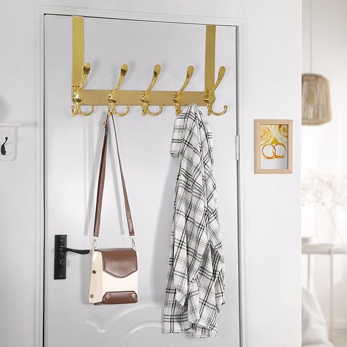 Dseap Over The Door Hook Hanger - Fits 1 3/8" to 1 3/4" Standard Doors | 5 Tri Hooks Heavy Duty Towel/Coat Rack | Door Organizer for Clothes, Jackets, Hats, Towels, Gold, Pack of 2