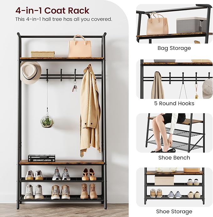 Coat Rack, Floorstanding Hall Tree with Shoe Rack, Wooden and Metal Coat Stand, Industrial Clothes Rack, for Hallway, Living Room, Bedroom, 31.5''x12.8''x71.2'', Rustic Brown