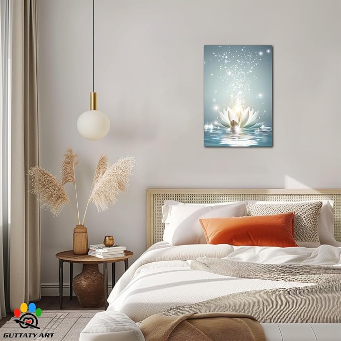 Zen White Lotus Flower Canvas Wall Art, Lotus Flower Pictures Bathroom Zen Print, Spiritual Water Lily Canvas Prints, Lotus Bloom on Water Poster, Zen Calm Relax Artwork for Yoga Spa Room 24x36 inch