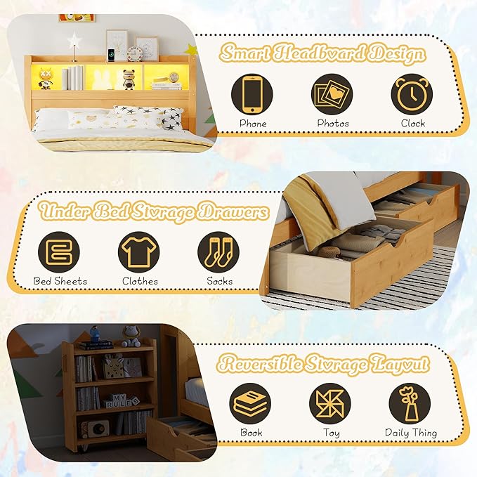Kids Full Bed Frame with Drawers & Storage Headboard, Solid Wood Platform Bed with Pull-Out Cabinet, Built-in LED Light & Charging Station, No Box Spring Needed, Natural