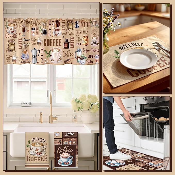 Fourluoo 16 Pcs Coffee Kitchen Decor and Accessories Set Coffee Brown Kitchen Towel and Dishcloth Non Slip Rug Mat for Floor Farmhouse Oven Mitt and Pot Holder Curtain Set for Home Decoration Gift