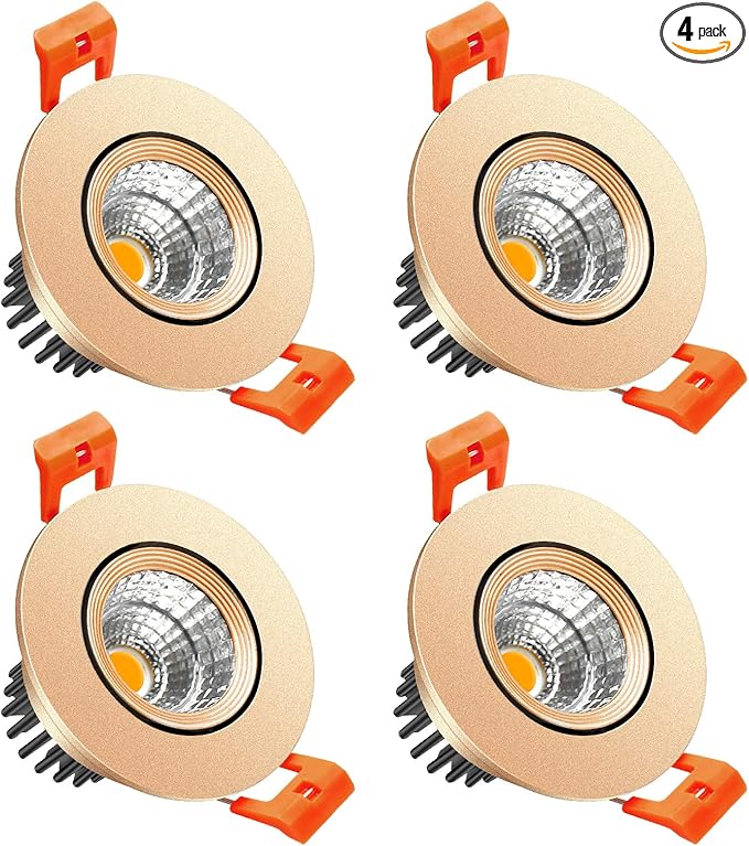 LightingWill 2inch LED Dimmable Downlight, 3W COB Recessed Ceiling Light, Daylight White 5500K-6000K, CRI80, 25W Halogen Bulbs Equivalent, Gold (4Pack)