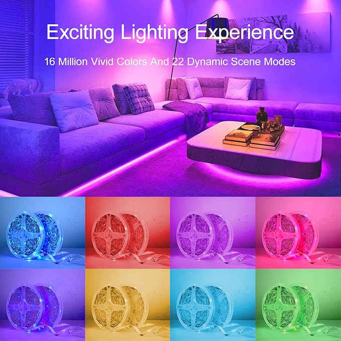 LED Strip Lights For Bedroom 130 FT(2 Rolls of 65.5 FT) with remote and intelligent application Bluetooth LED lights, music synchronized RGB color changing lights, suitable for room party decoration