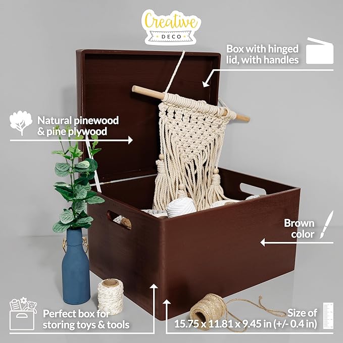 Large Brown Wooden Box Storage with Hinged Lid | 15.8 x 11.8 x 9.44 inches (+-0.5) | Gift Box Storage Document | Wood Keepsake Chest PRODUCT NOT INTENDED FOR 15 YEARS OR BELOW
