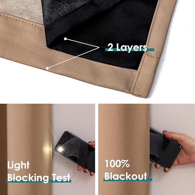 ChrisDowa 100% Blackout Curtains 78 inch Long for Bedroom with Black Liner, 2 Thick Layers Total Blackout Thermal Insulated Grommet Window Curtains 2 Panels Set (Cappuccino, 42 x 78 Inch)
