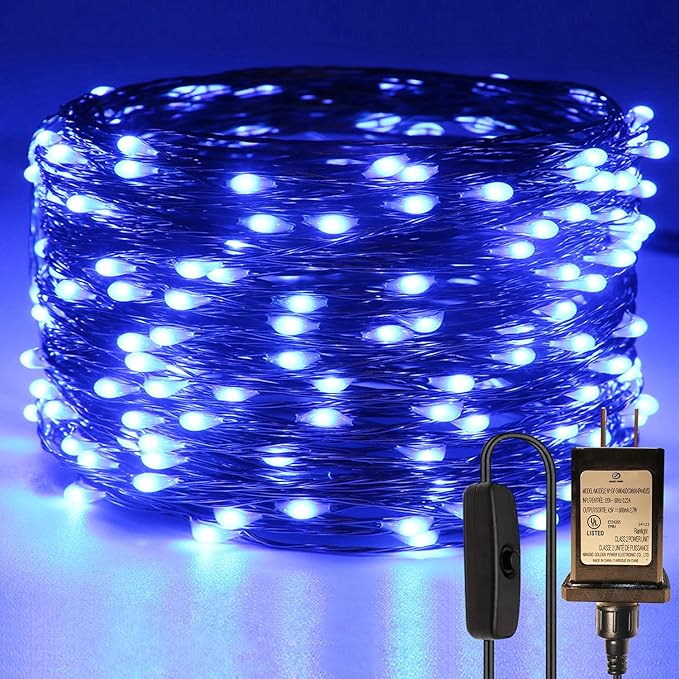 RUICHEN Plug in Fairy String Lights with Switch, Waterproof 66 Ft 200 LED Copper Wire Firefly Lights for Christmas, Parties, Wedding, Ceiling, Craft, Vases, Blue