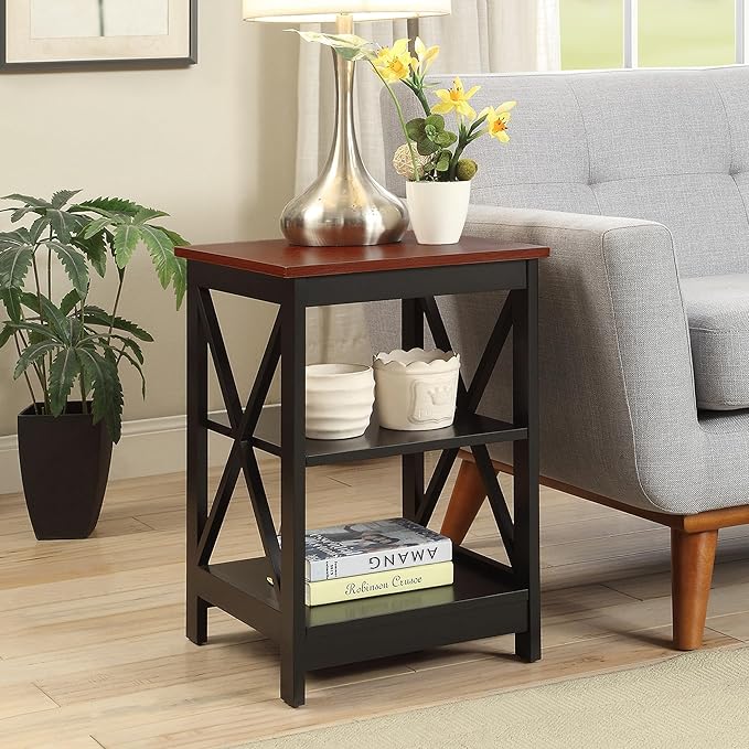 Convenience Concepts Oxford End Table 15.75" - Modern Living Room Table with Storage Shelves, Transitional Nightstand Side Table for Home Decor and Display, Cherry/Black