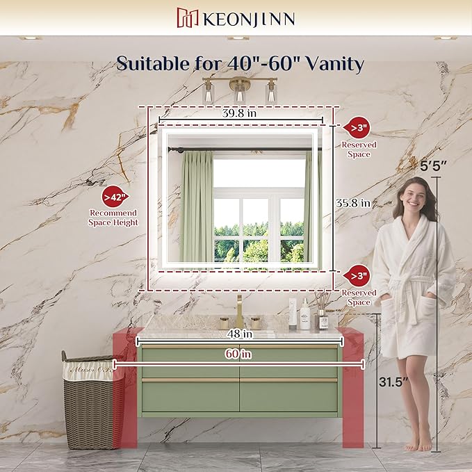 Keonjinn 40" x 36" LED Mirror for Bathroom, Frontlit & Backlit Bathroom Mirror with Lights, HD Tempered Glass, Fast Defogging, 3 Color Lights, Dimmable, Memory Function, Vertically/Horizontally