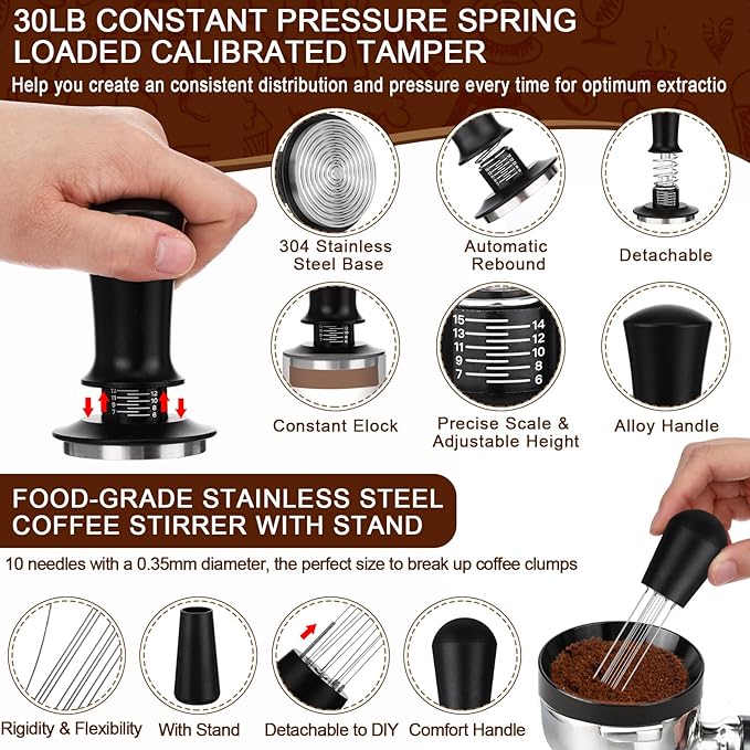 7pcs Espresso Accessories Kit 51/58/53mm Tamping Station Machine Accessories Spring Loaded Calibrated Tamper Wdt Espresso Tool and Dosing Funnel Set Distributor and Tamper Leveler(53mm)
