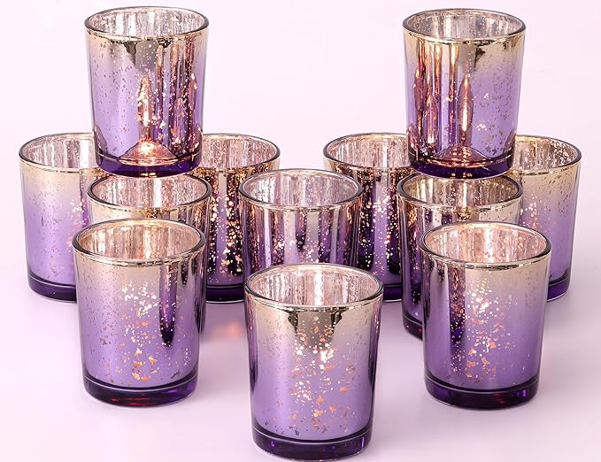 Volens Purple Votive Candle Holders Set of 12, Speckles Mercury Glass Tealight Candle Holder Bulk for Table Wedding Centerpiece, Purple and Gold Party Decorations & Home Decor