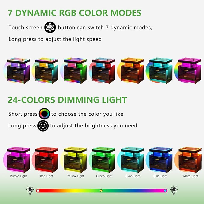 HNEBC LED Nightstand Set of 2 with Charging Station, High Gloss Nightstands Set 2 with Drawer and RGB Dynamic Lighting, Smartt Bedside Table for Bedroom/Living Room (Black)