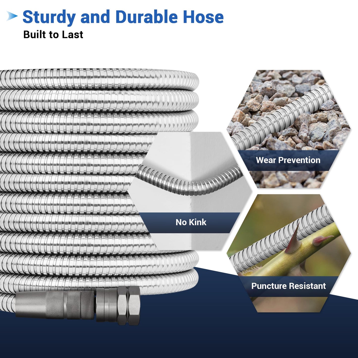 75 FT Stainless Steel Garden Hose – Heavy Duty 304 Metal Hose, 500+ PSI Burst Strength, No-Kink, Dog Bite & Puncture Resistant, Swivel-End Fittings, 8-Mode Nozzle for Large Gardens, Outdoor Use