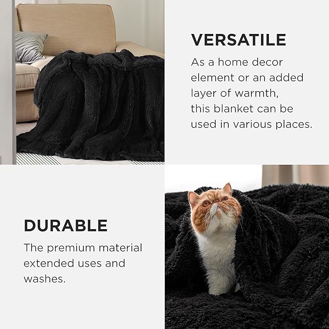 Bedsure GentleSoft Fuzzy Sherpa Faux Fur Twin Blanket Black Cozy Gifts for Women Men, Soft Fleece Plush Warm Minky Thick Blanket Twin Size for Bed, Couch, Dorm Essentials Black Decor Gifts, 60x80