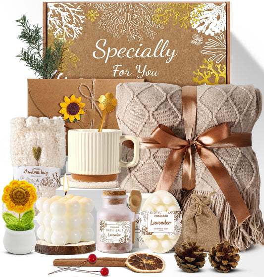 Coralogo Spa Gift Baskets for Women - Get Well Soon, Self Care, Relaxing Sunflower Gift Basket, 12pcs Spa Sets for Women, Luxury Gifts for Birthday Christmas Valentines Day Mothers Day