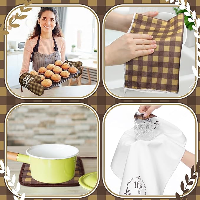 Fourluoo 10 Pcs Kitchen Set Kitchen Towels and Rugs Oven Mitts and Pot Holders Farmhouse Decor for Women Mom Gift Cooking Baking Grilling (Brown White)